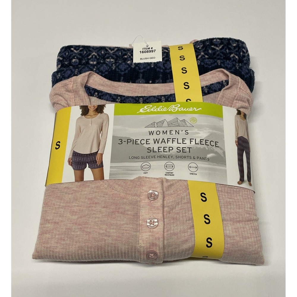 Eddie Bauer Womens 3 Piece Waffle Fleece Pajama Set Blush Geo Pink PJ108 Small